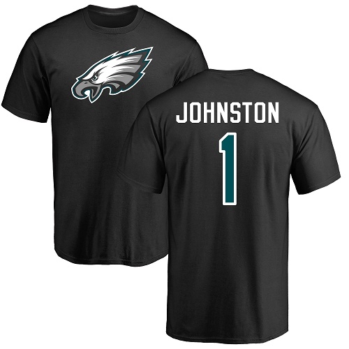 Men Philadelphia Eagles #1 Cameron Johnston Black Name and Number Logo NFL T Shirt->nfl t-shirts->Sports Accessory